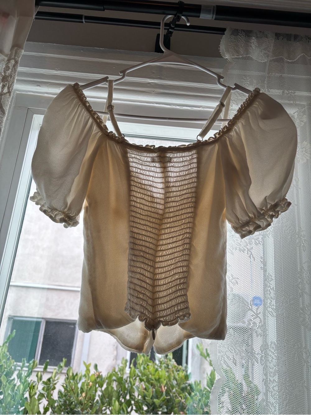 Reformation Sheer Puff Sleeve Button-Front Top in Cream - Picture 3 of 4